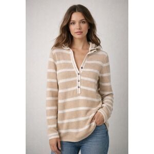 Chicos Tan White Striped Cotton Henley Hoodie Sweater Size 3 Large XL